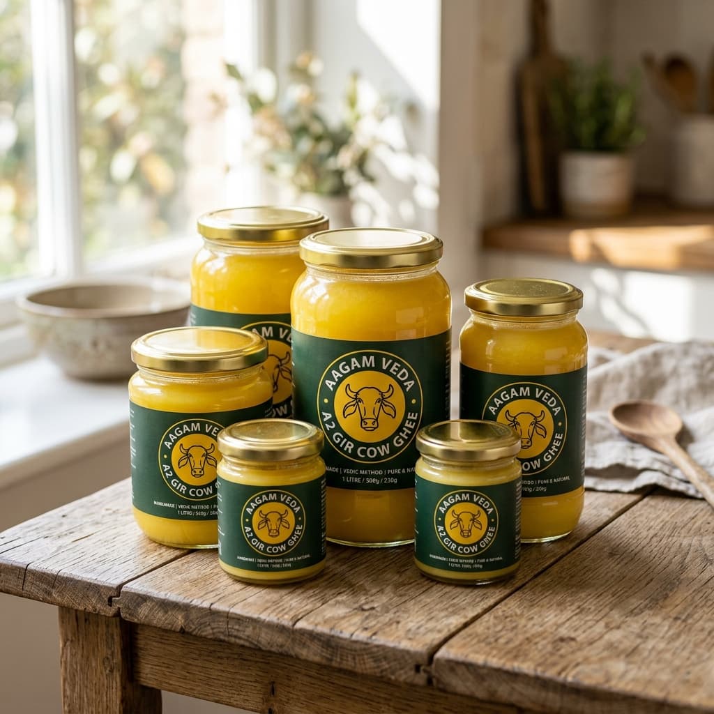 Aagam Veda ghee jars range - 500ml and 1 litre sizes