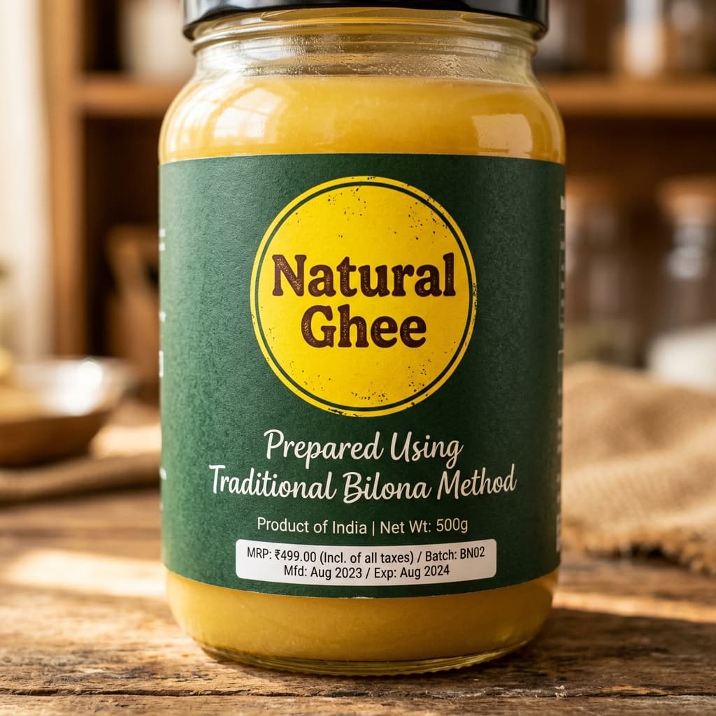 Aagam Veda ghee label with FSSAI details